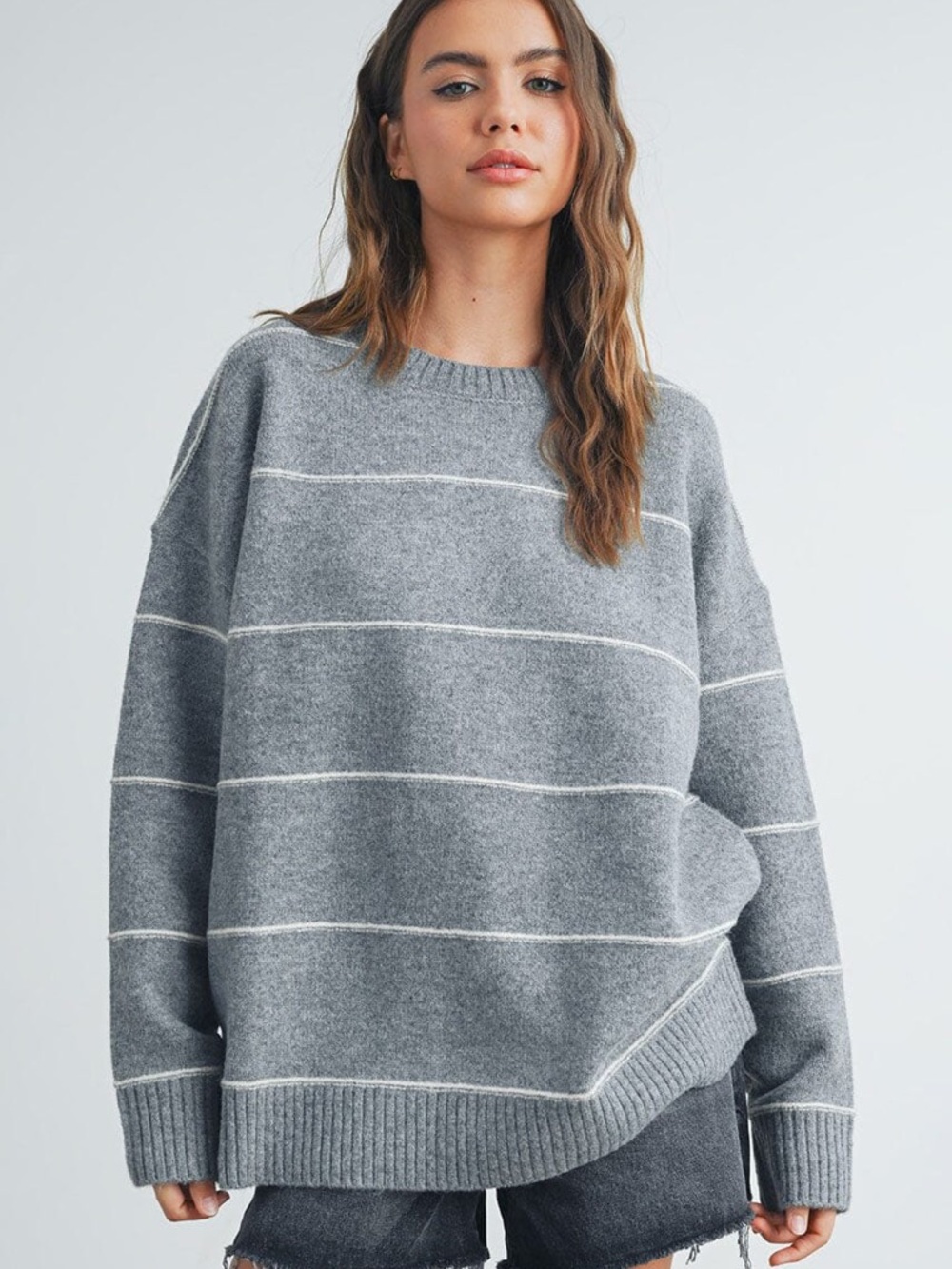 Buttermelon Oversized Gray Stripe Crewneck Sweater